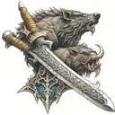 boar scottish claymore sword with mountains tattoo design idea