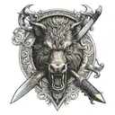boar scottish claymore sword with mountains tattoo design idea