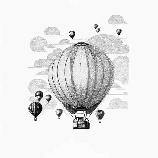 A serene landscape of a countryside with hot air balloons floating in the sky tattoo design idea