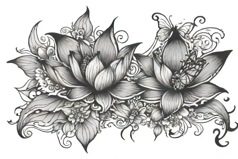 lotus flower and butterfly and name written tattoo design idea