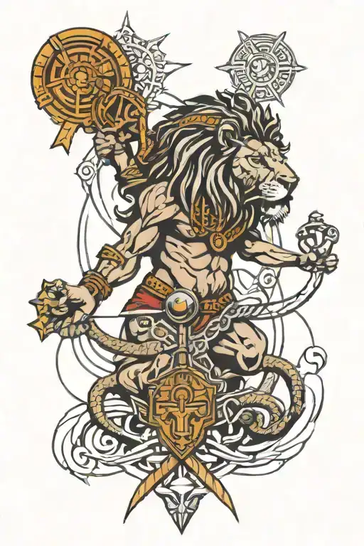 african-inspired tattoo design featuring a mighty warrior lion holding an ankh with gods and symbols of power, ankh, god tattoo design idea