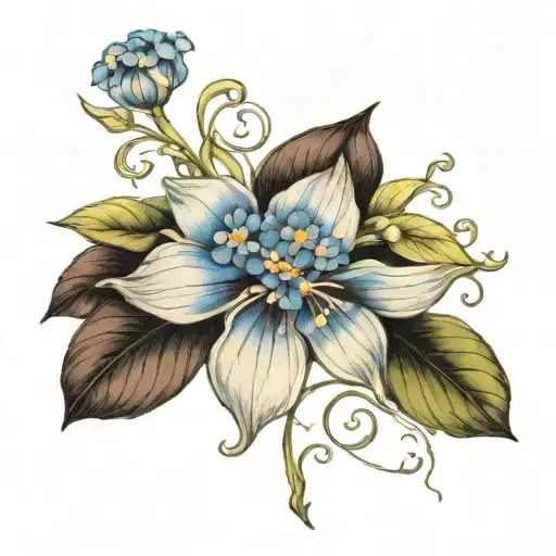 Bean sprout + saphirre + forget me not flower tattoo design idea