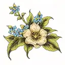 Bean sprout + saphirre + forget me not flower tattoo design idea