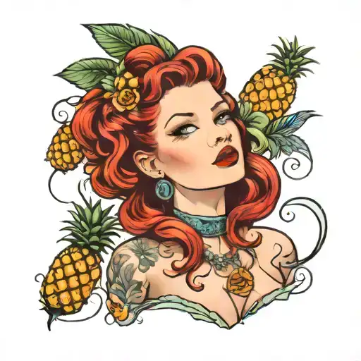redhead pinup girl with pineapple   tattoo design idea
