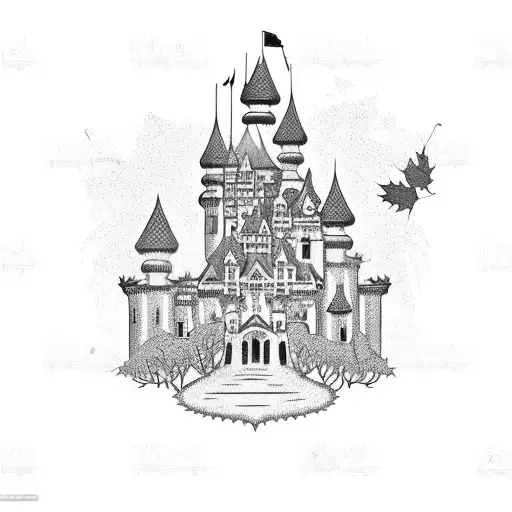 A majestic castle surrounded by autumn leaves and mythical creatures tattoo design idea