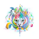 A new-school design featuring a group of colorful and whimsical fantasy animals in a castle courtyard tattoo design idea