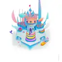 A new-school design featuring a group of colorful and whimsical fantasy animals in a castle courtyard tattoo design idea