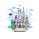 A new-school design featuring a group of colorful and whimsical fantasy animals in a castle courtyard tattoo design idea