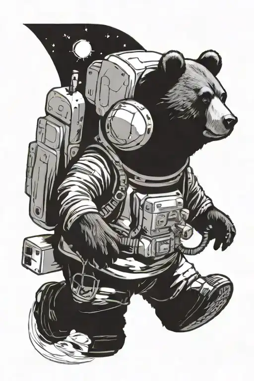 A cosmic landscape with Kanye West bear wearing astronaut gear exploring outer space tattoo design idea