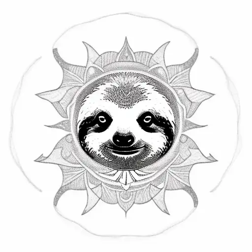 A sloth peacefully hanging from a mandala-inspired tree branch tattoo design idea