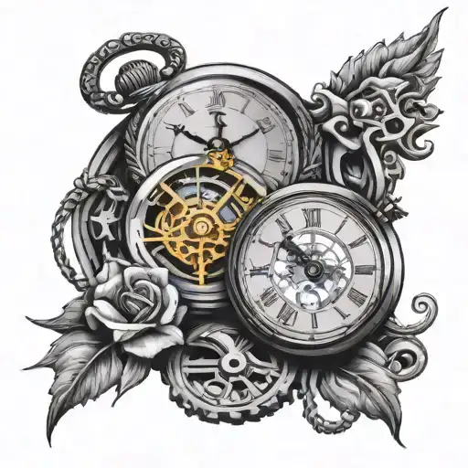 pocket watch and grandfather clock mechanism intertwined tattoo design idea