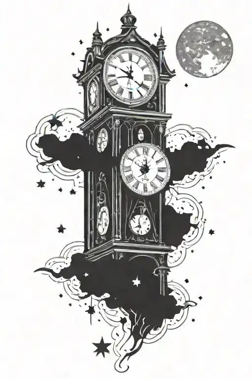 clock tower with pocket watch surrounded by constellations tattoo design idea
