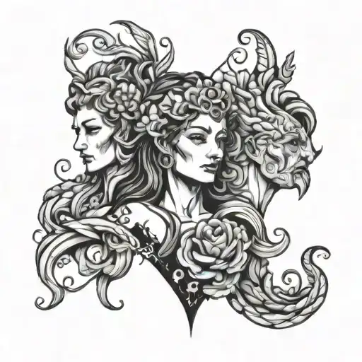 Feature a leg sleeve showcasing the iconic figures of Zeus, Hera, and Hades in a stylized blackwork design, with bold lines and intricate patterns tattoo design idea