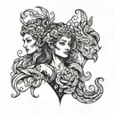 Feature a leg sleeve showcasing the iconic figures of Zeus, Hera, and Hades in a stylized blackwork design, with bold lines and intricate patterns tattoo design idea