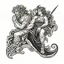 Feature a leg sleeve showcasing the iconic figures of Zeus, Hera, and Hades in a stylized blackwork design, with bold lines and intricate patterns tattoo design idea