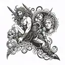 Feature a leg sleeve showcasing the iconic figures of Zeus, Hera, and Hades in a stylized blackwork design, with bold lines and intricate patterns tattoo design idea