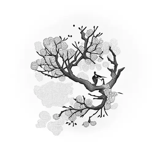 Cherry blossom tree merging with Greek mythology figures tattoo design idea
