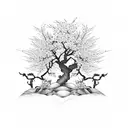 Cherry blossom tree merging with Greek mythology figures tattoo design idea