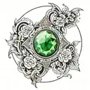 Design a tattoo featuring a beautiful jade gemstone as a central element, paying homage to Jade Willfong's name and favorite things tattoo design idea