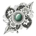 Design a tattoo featuring a beautiful jade gemstone as a central element, paying homage to Jade Willfong's name and favorite things tattoo design idea