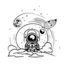 Astronaut  sitting on half a moon. Black and white. Only outlines tattoo design idea