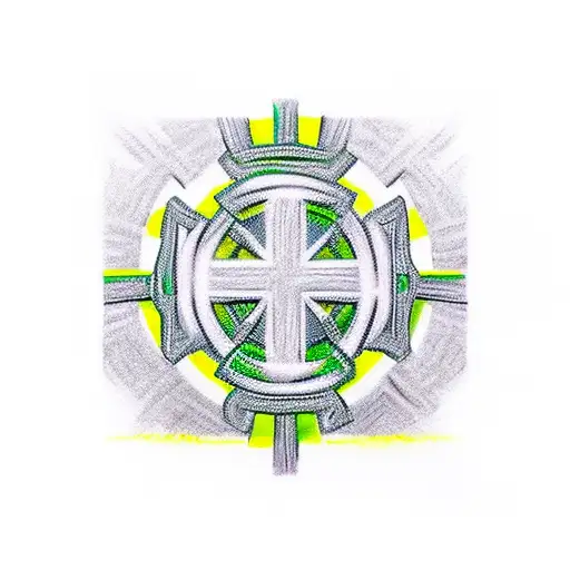 (masterpiece), best quality, expressive, intense colors of green yellow and white.   An Irish cross as the trunk of a tr tattoo design idea
