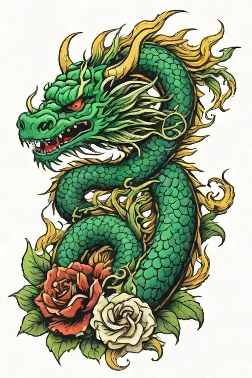 Irezumi Lime Japanese Dragon With Roses And Flames Yakuza-Like tattoo design idea