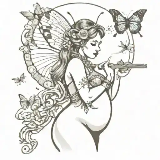 butterfly moon pregnant queen smoking weed confused with guns and love tattoo design idea