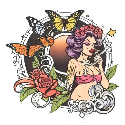 butterfly moon pregnant queen smoking weed confused with guns and love tattoo design idea