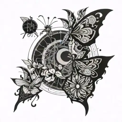 butterfly moon pregnant queen smoking weed confused with guns and love tattoo design idea