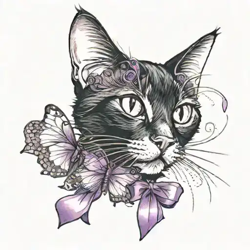 black cat with a butterfly on its nose and a purple ribbon  tattoo design idea