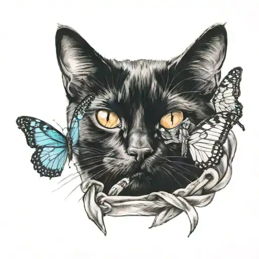 black cat with a butterfly on its nose and an awareness ribbon tattoo design idea