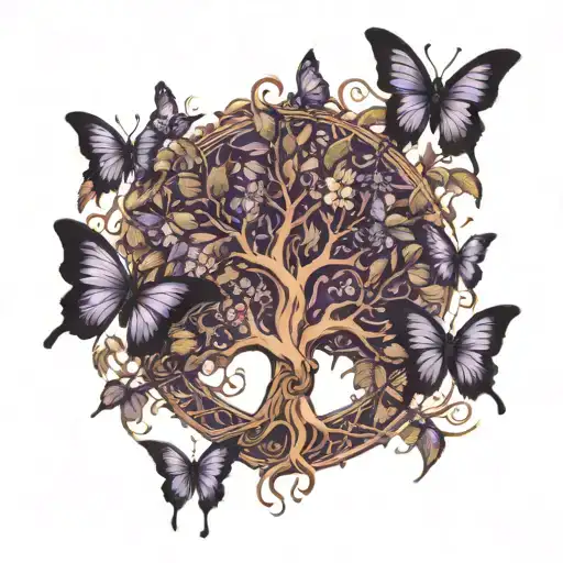 tree of life with purple butterflies  tattoo design idea