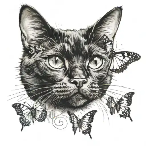 black cat with a butterfly on its nose tattoo design idea