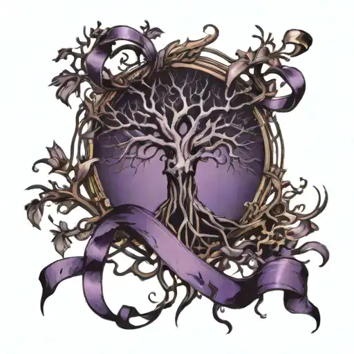 tree of life and purple ribbon tattoo design idea