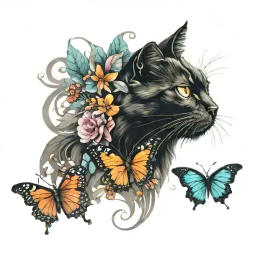black cat with a butterfly on its nose tattoo design idea