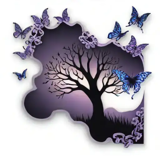 tree of life and purple butterflies  tattoo design idea
