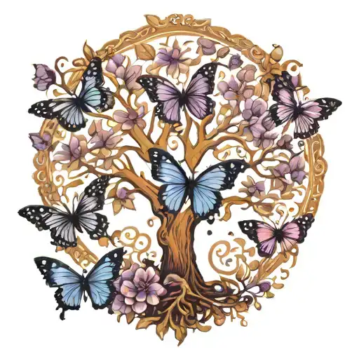 tree of life with purple butterflies  tattoo design idea