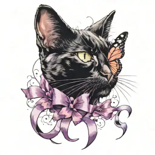 black cat with a butterfly on its nose and a purple ribbon  tattoo design idea