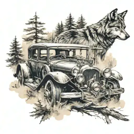 A realistic tattoo of a wolf driving a vintage car through a calm forest tattoo design idea