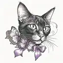black cat with a butterfly on its nose and a purple ribbon  tattoo design idea