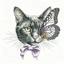 black cat with a butterfly on its nose and a purple ribbon  tattoo design idea
