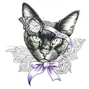 black cat with a butterfly on its nose and a purple ribbon  tattoo design idea