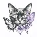 black cat with a butterfly on its nose and a purple ribbon  tattoo design idea