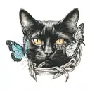 black cat with a butterfly on its nose and an awareness ribbon tattoo design idea
