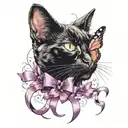 black cat with a butterfly on its nose and a purple ribbon  tattoo design idea