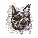 black cat with a butterfly on its nose and a purple ribbon  tattoo design idea