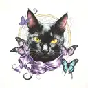 black cat with a butterfly on its nose and a purple ribbon  tattoo design idea