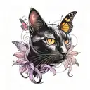 black cat with a butterfly on its nose and a purple ribbon  tattoo design idea