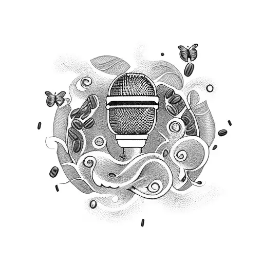 A microphone surrounded by swirling coffee beans and butterflies tattoo design idea
